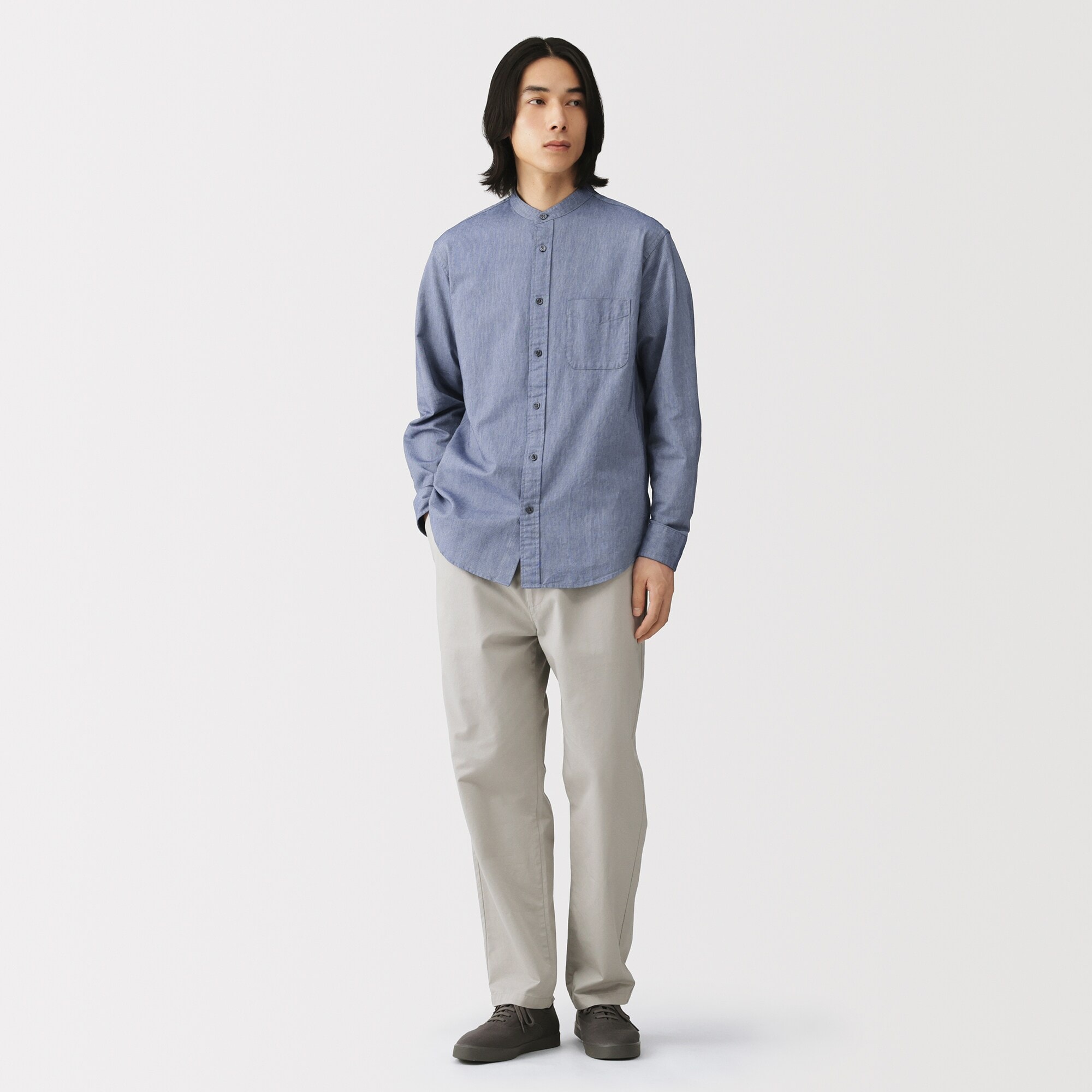 紳士　洗いざらしオックススタンドカラー長袖シャツ