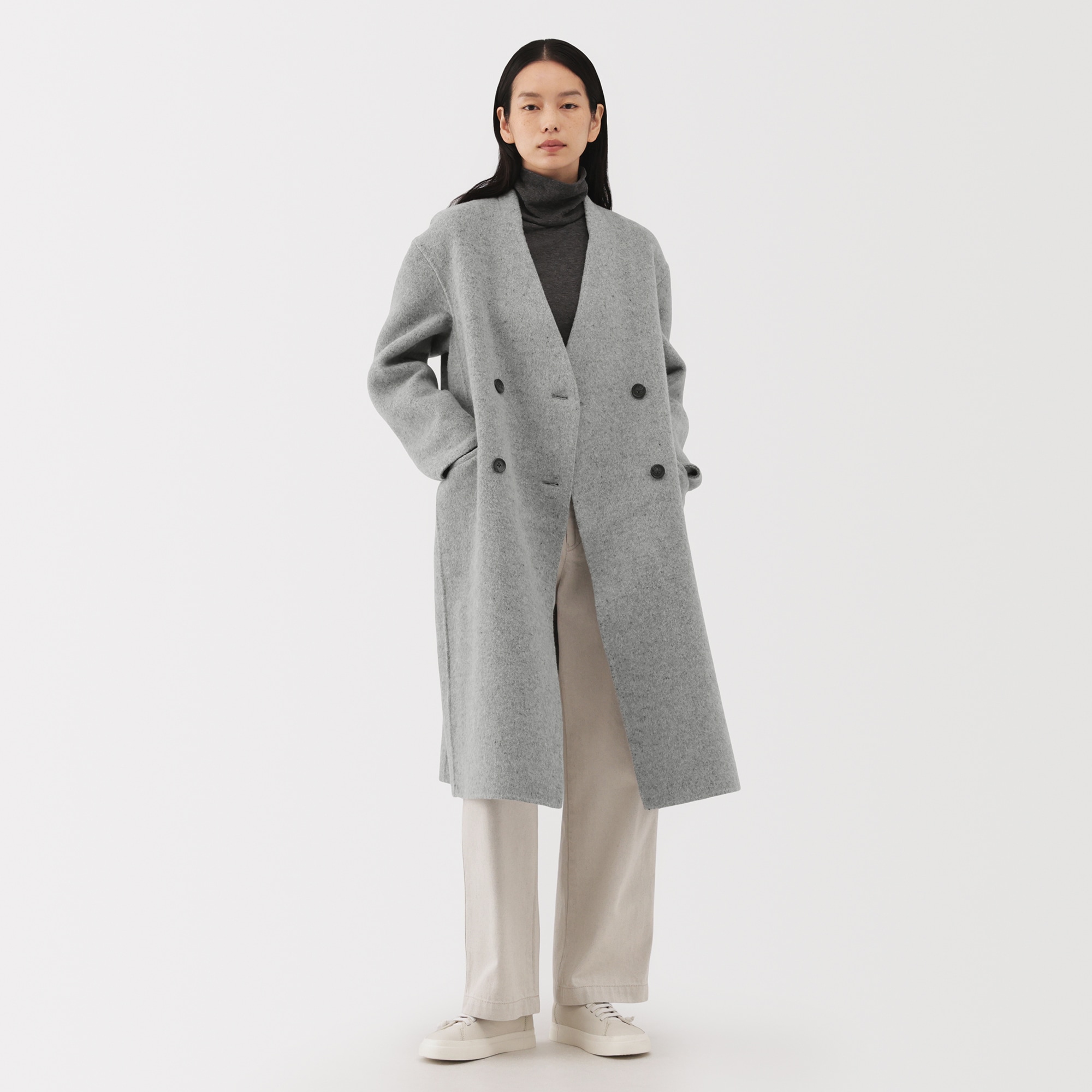 【美品】Theory ダブルブレストピーコート　カシミヤ混　ベージュ 婦人 カシミヤ混ダブルブレストコート | 無印良品