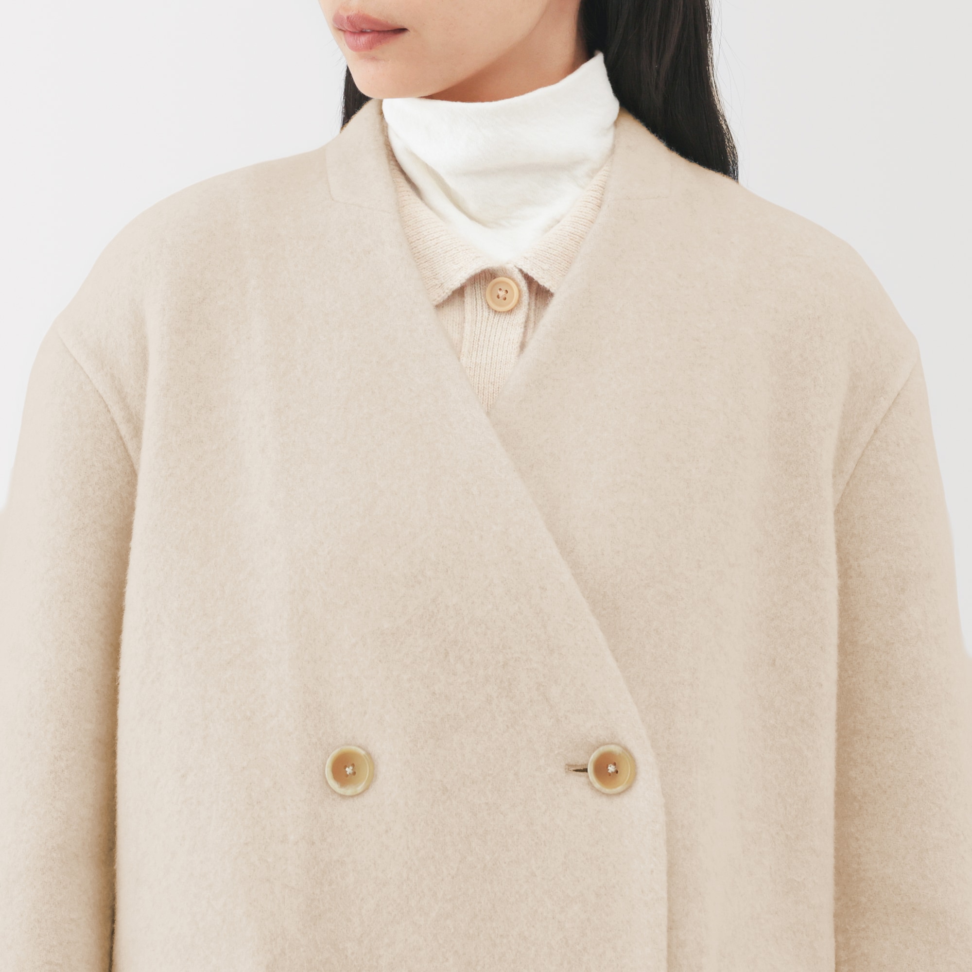 【美品】Theory ダブルブレストピーコート　カシミヤ混　ベージュ 婦人 カシミヤ混ダブルブレストコート | 無印良品