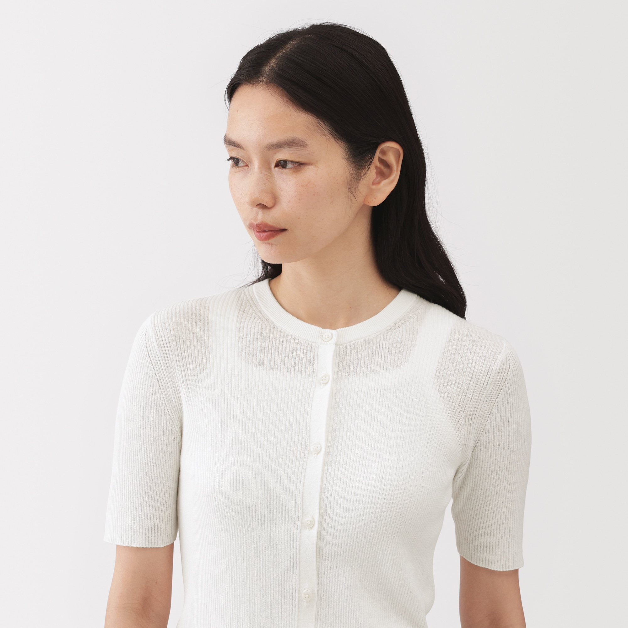 婦人　強撚コットンニット半袖カーディガン