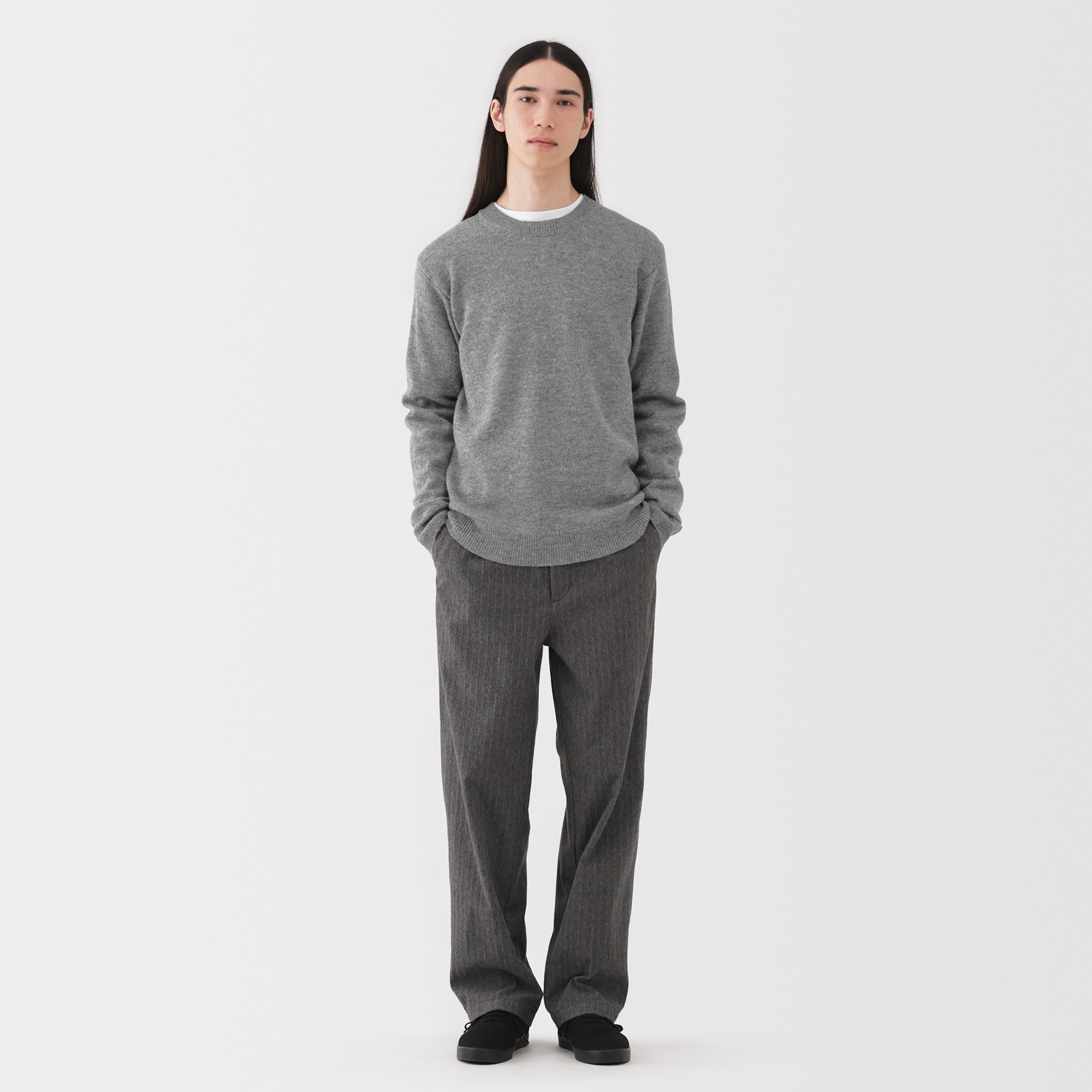 紳士　洗えるウールミドルゲージクルーネックセーター