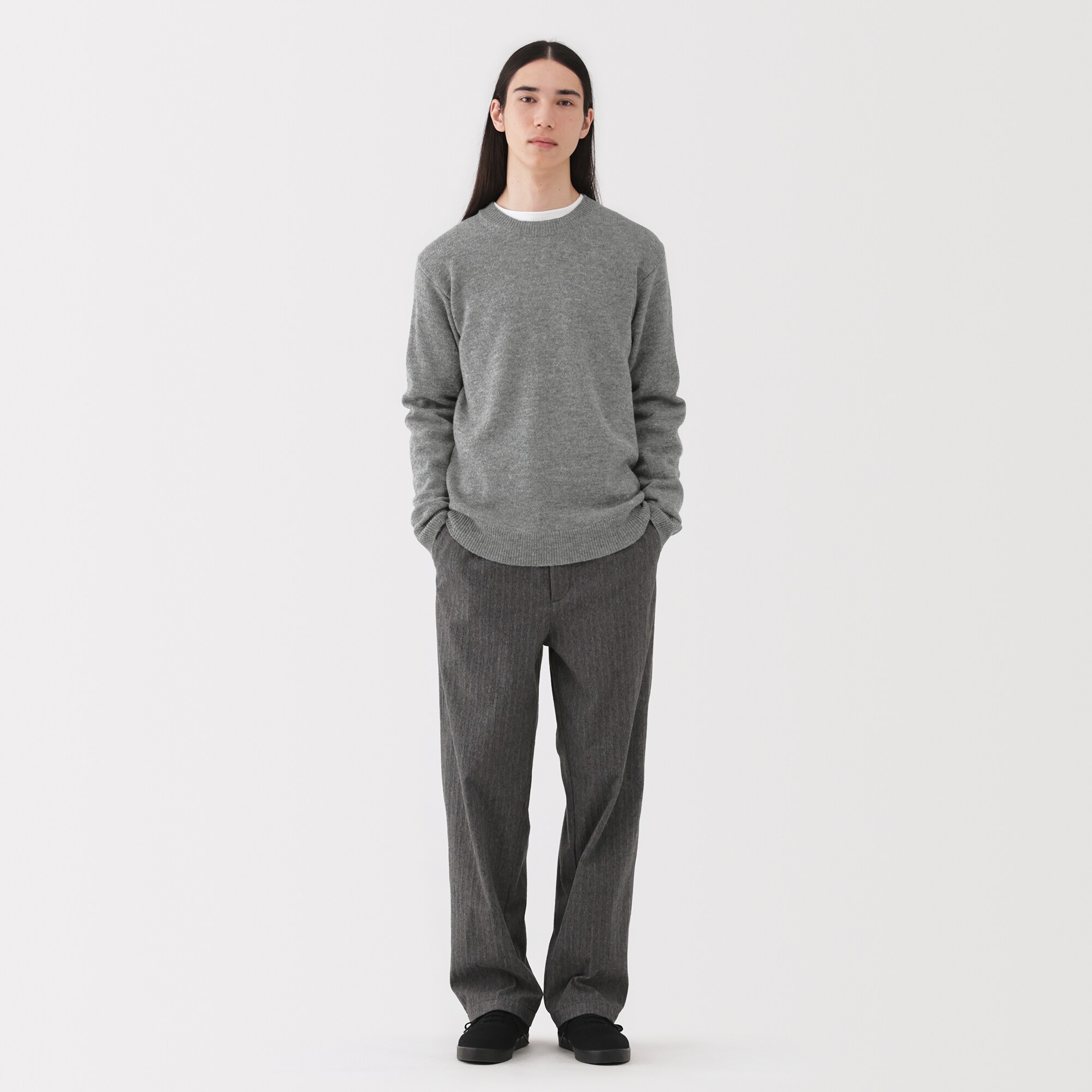 紳士　洗えるウールミドルゲージクルーネックセーター