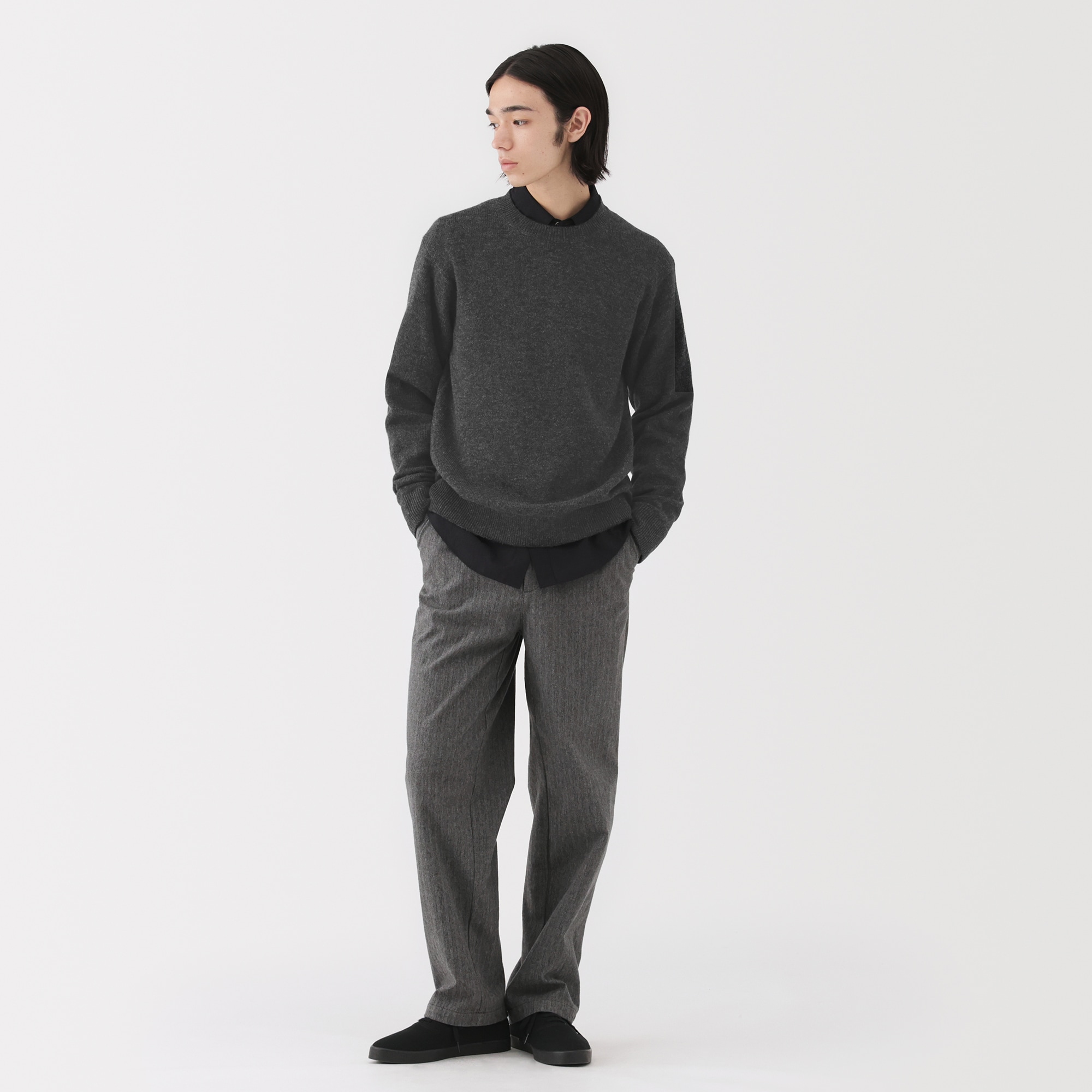 紳士　洗えるウールミドルゲージクルーネックセーター