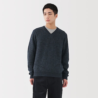 紳士　ウールミドルゲージ畦編みＶネックセーター
