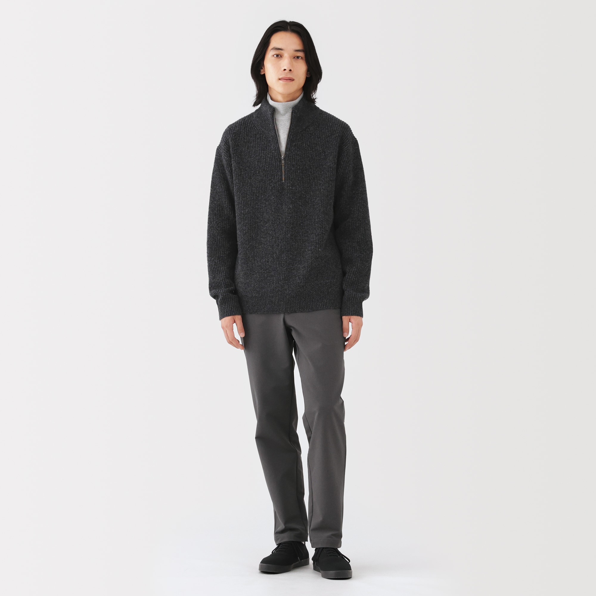 紳士　ウールミドルゲージ畦編みハーフジップセーター
