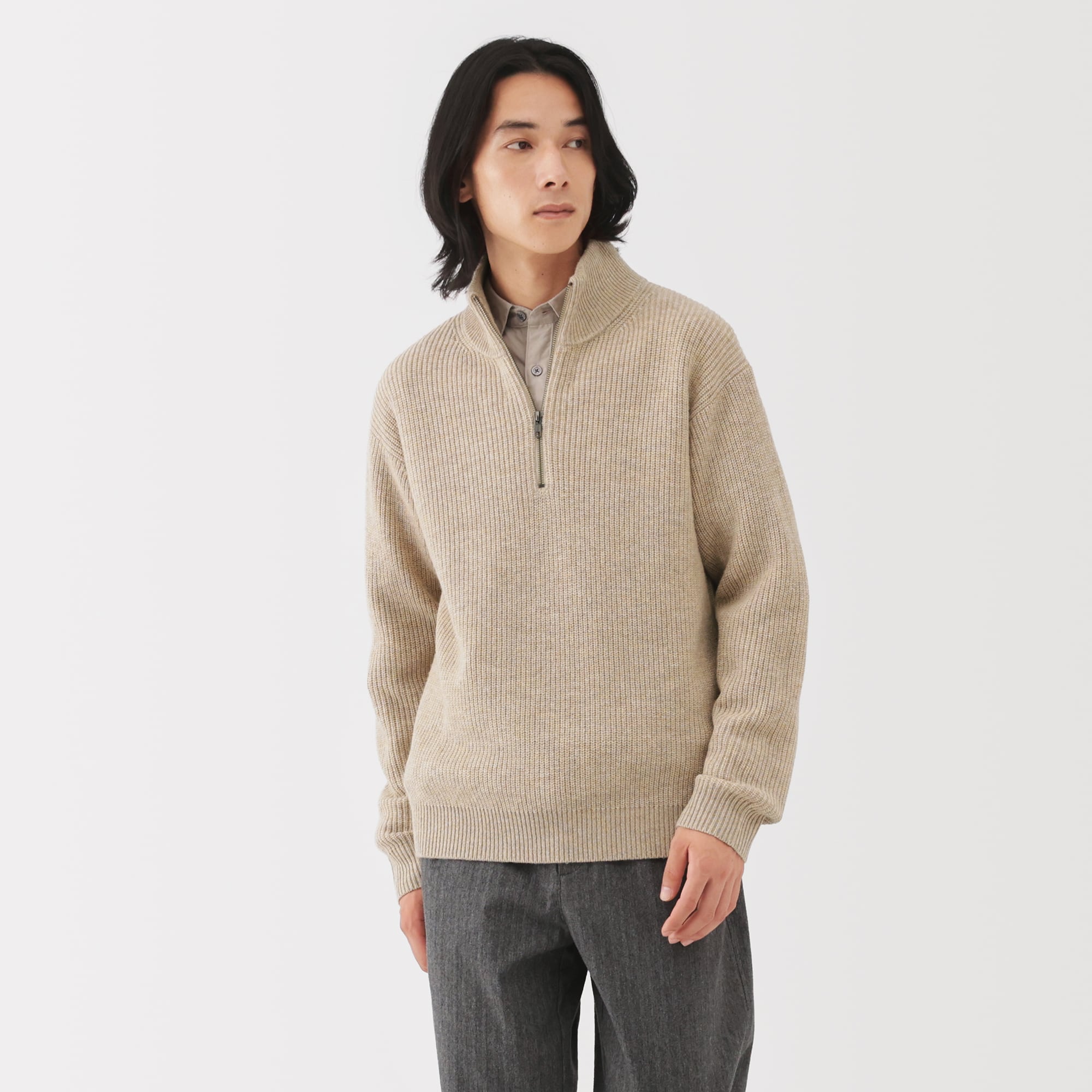 紳士 ウールミドルゲージ畦編みハーフジップセーター | 無印良品