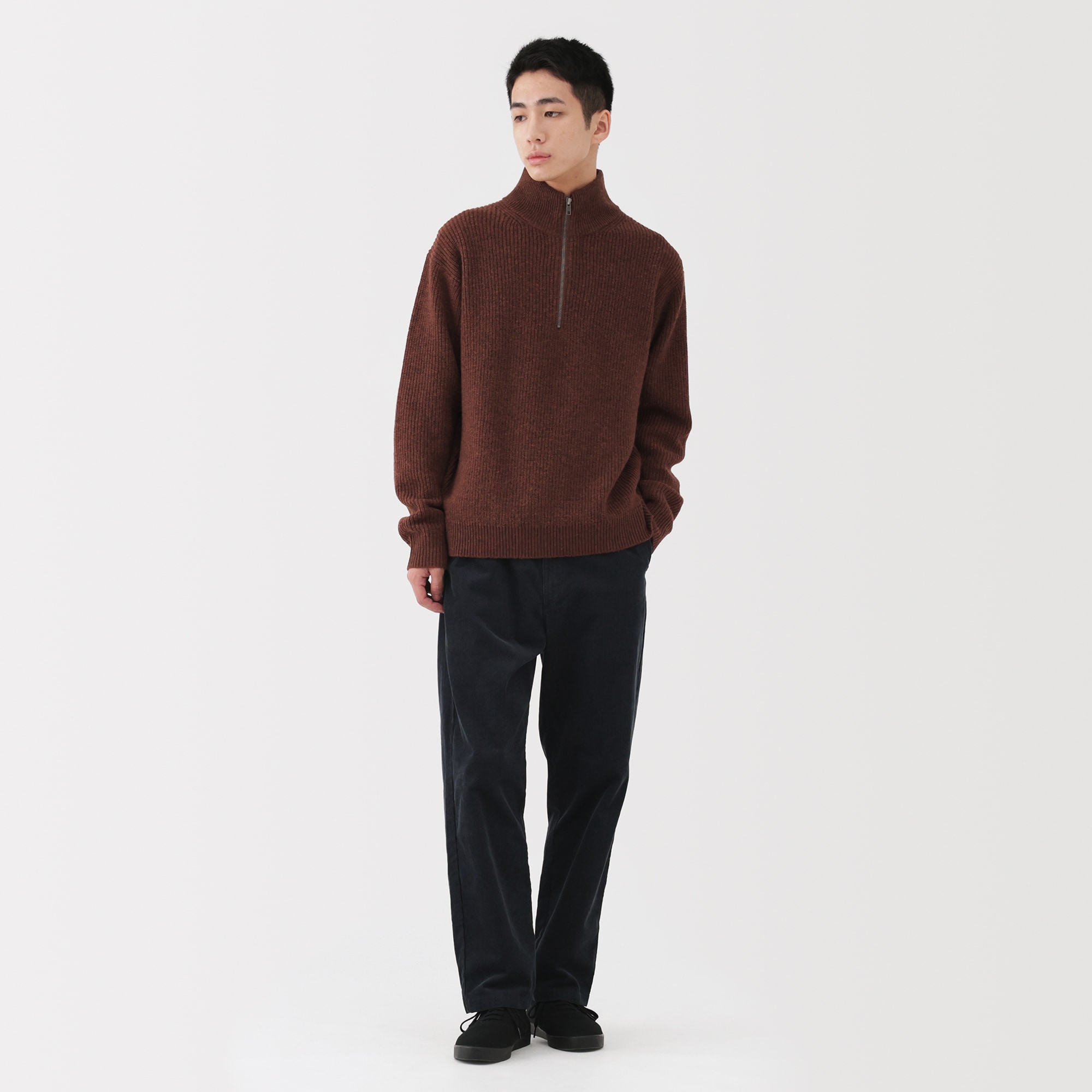 紳士 ウールミドルゲージ畦編みハーフジップセーター | 無印良品