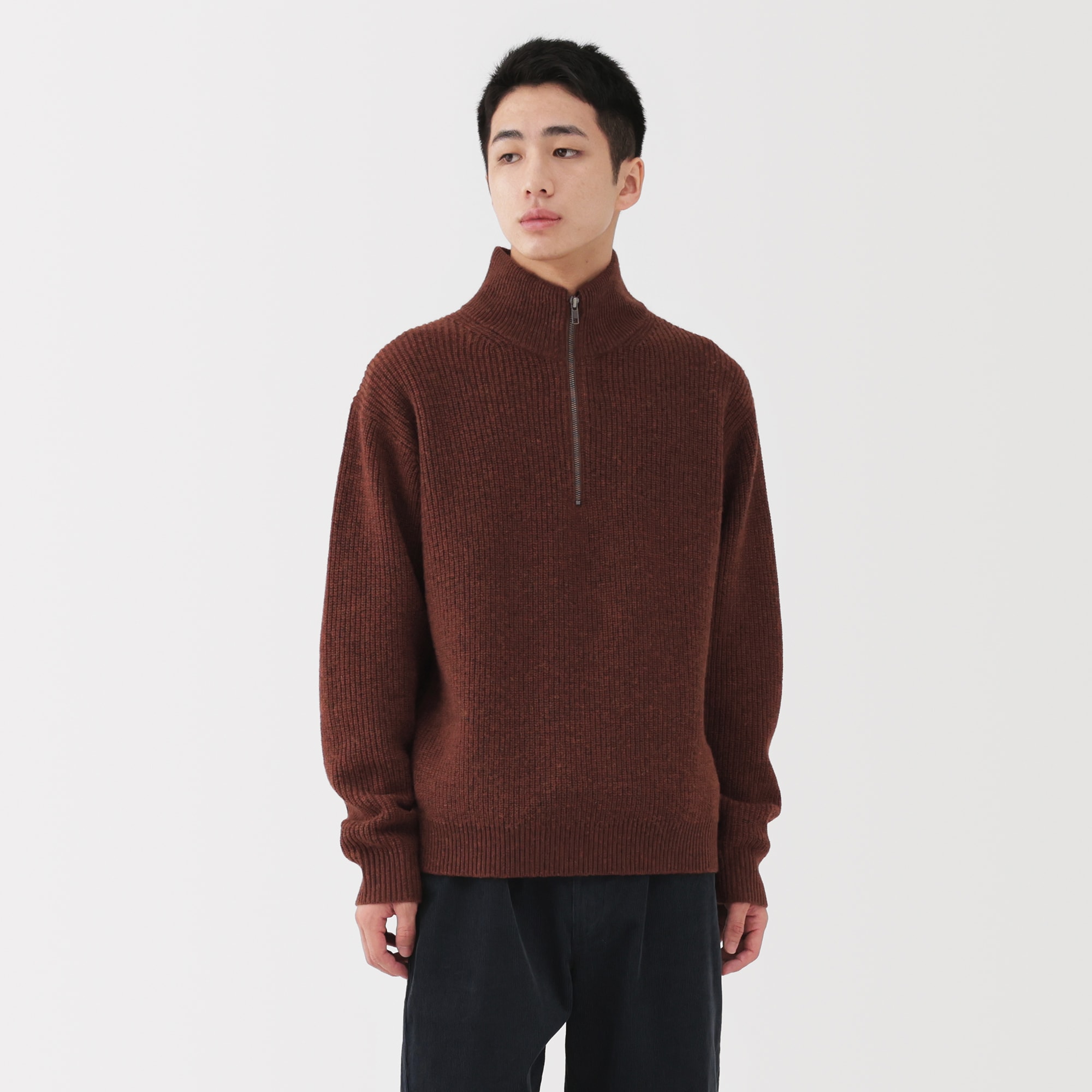 紳士 ウールミドルゲージ畦編みハーフジップセーター | 無印良品