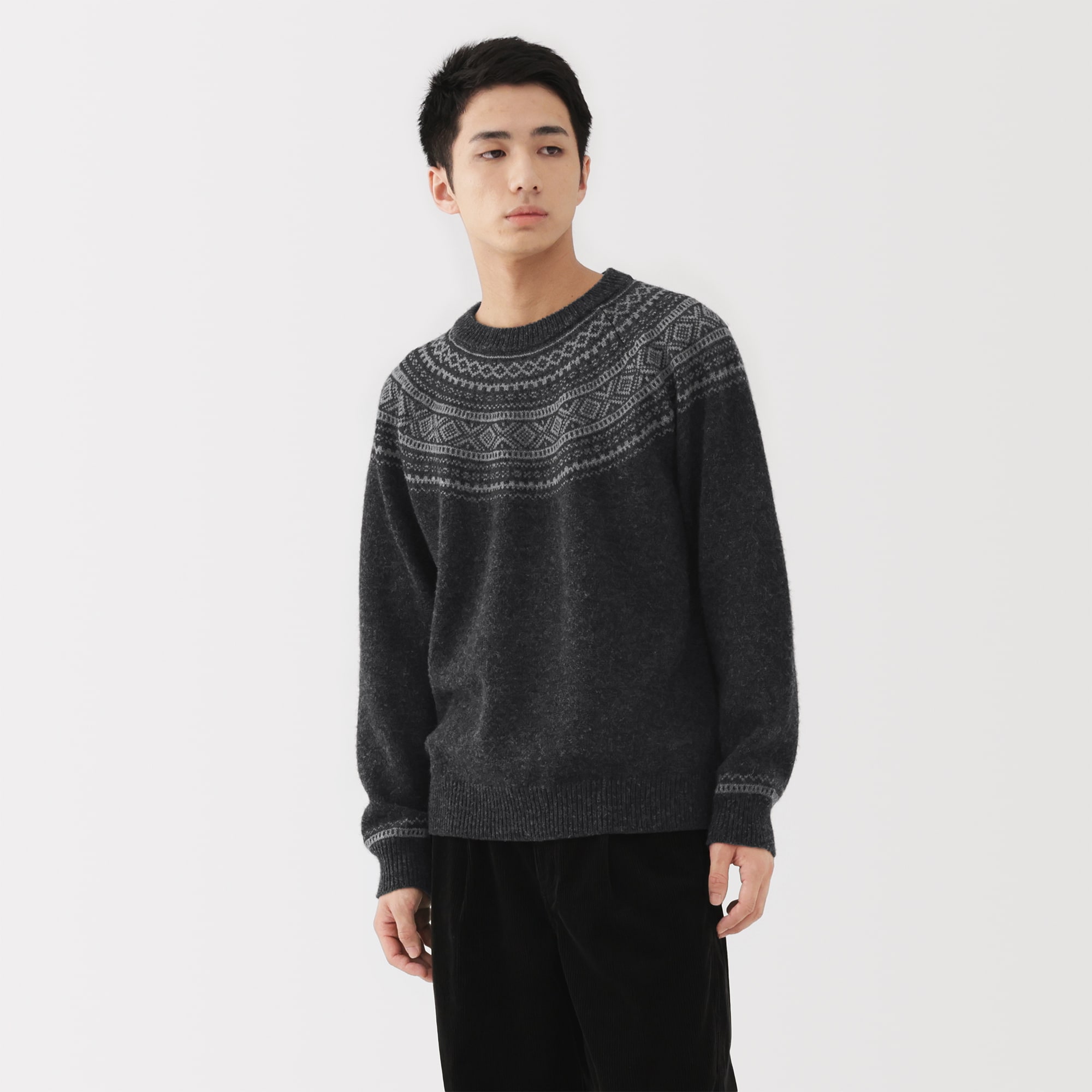 【新品タグ付き未使用】MUJI 無印良品★まんまの色 アンデスの羊 地柄クルーネックセーター ウール モカブラウン メンズ L