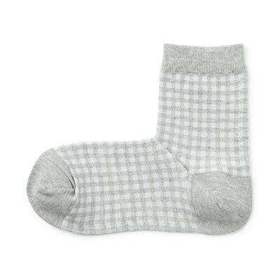 婦人　足なり直角　履き口やわらか　ギンガムチェック柄ショート丈靴下（口ゴムなし）