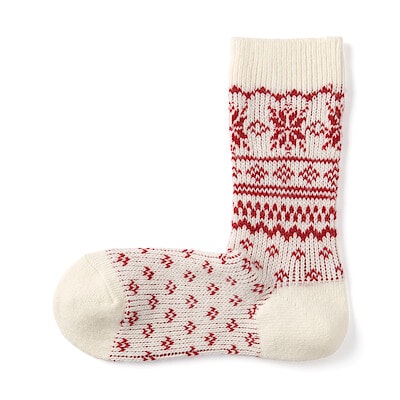 婦人　足なり直角　履き口やわらか　ウール混雪柄　靴下