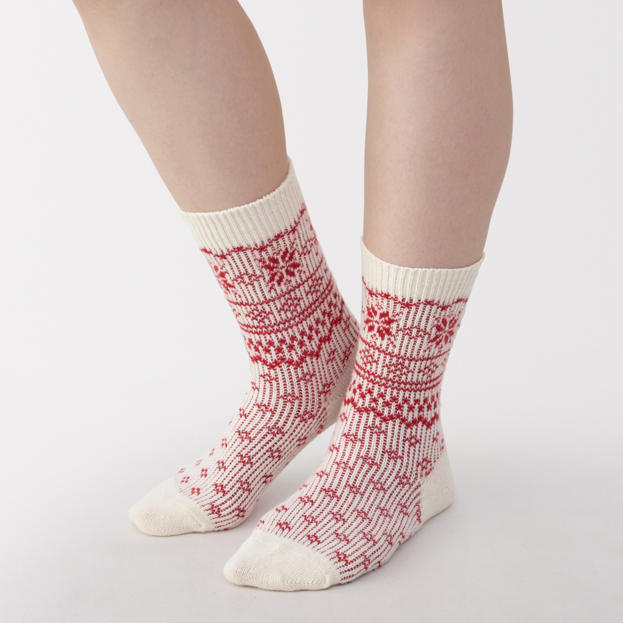 婦人　足なり直角　履き口やわらか　ウール混雪柄　靴下