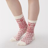 婦人　足なり直角　履き口やわらか　ウール混雪柄　靴下