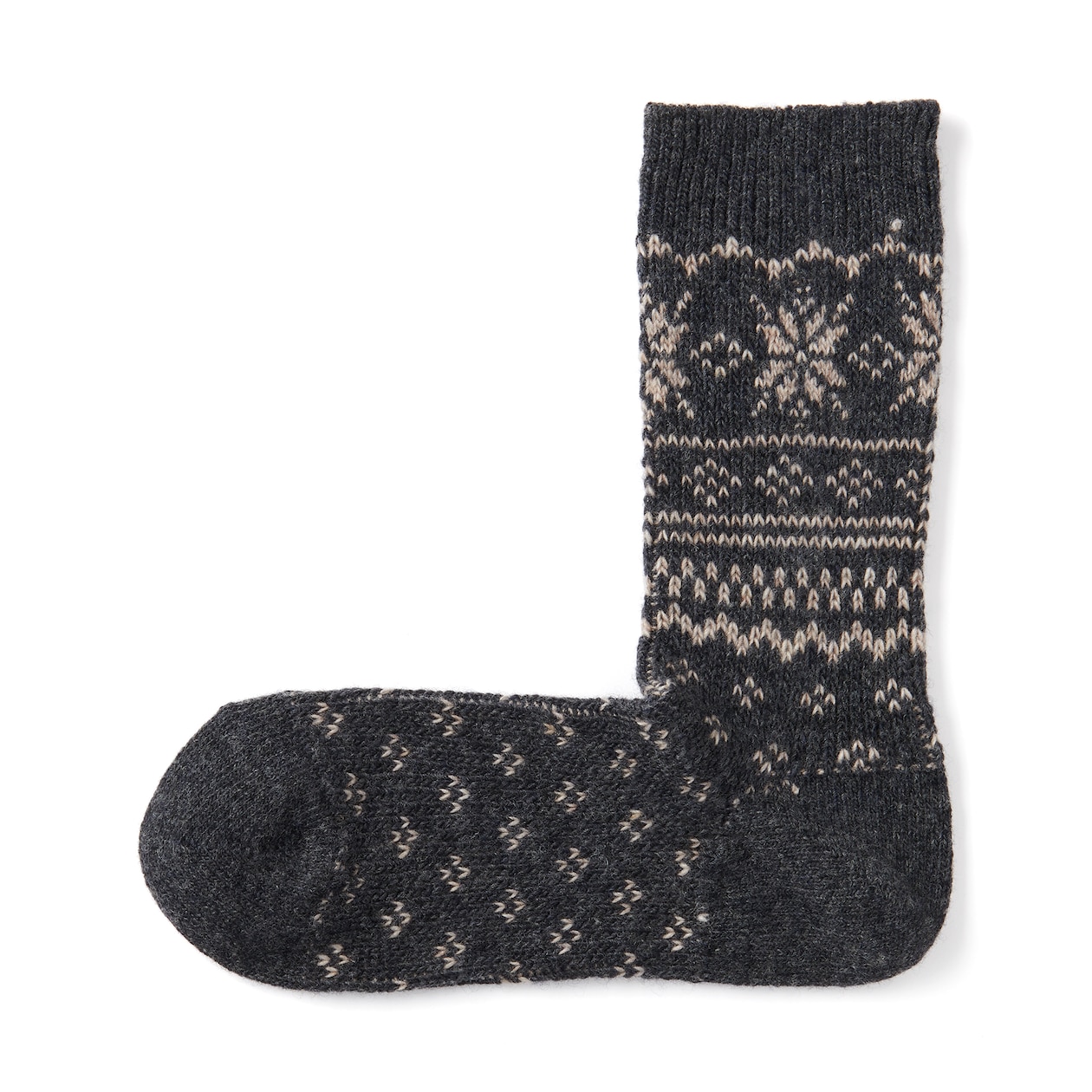 婦人　足なり直角　履き口やわらか　ウール混雪柄　靴下