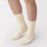 婦人　足なり直角　履き口やわらか　ウール混　ケーブル柄靴下