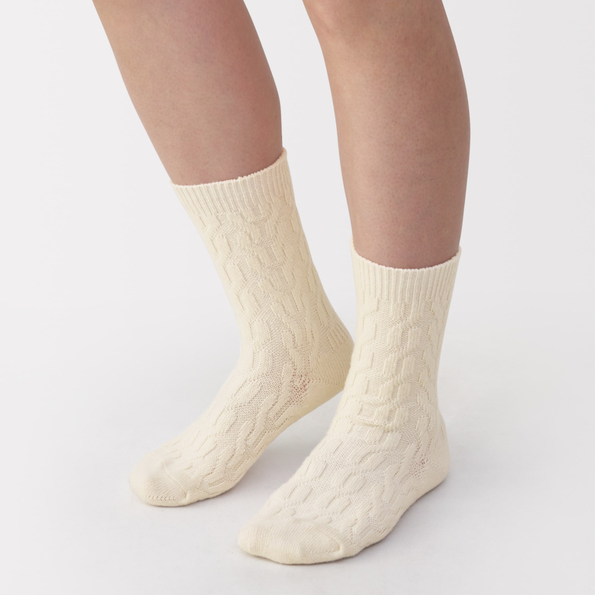 婦人　足なり直角　履き口やわらか　ウール混　ケーブル柄靴下