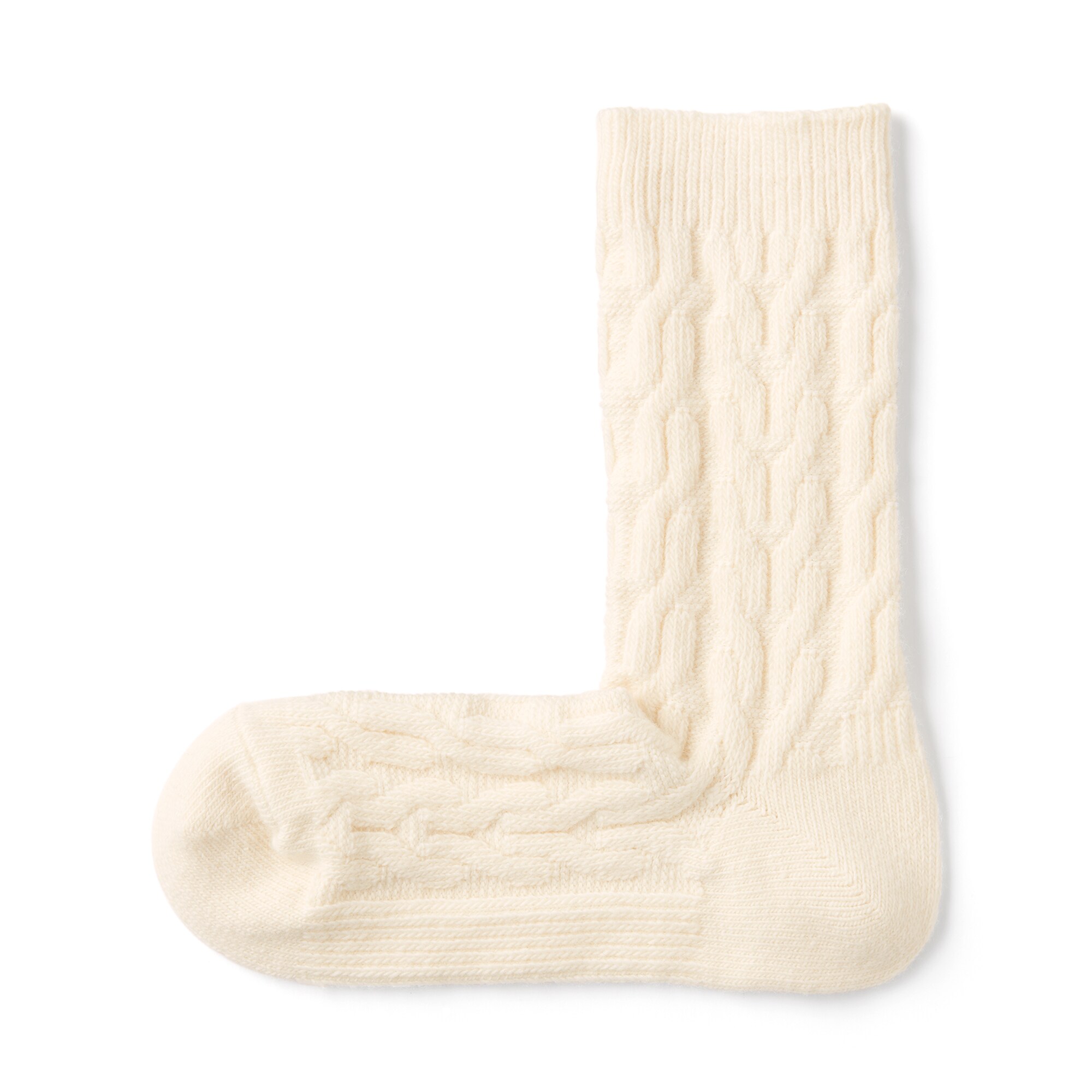 婦人　足なり直角　履き口やわらか　ウール混　ケーブル柄靴下