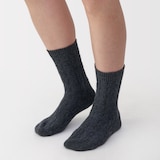 婦人　足なり直角　履き口やわらか　ウール混　ケーブル柄靴下