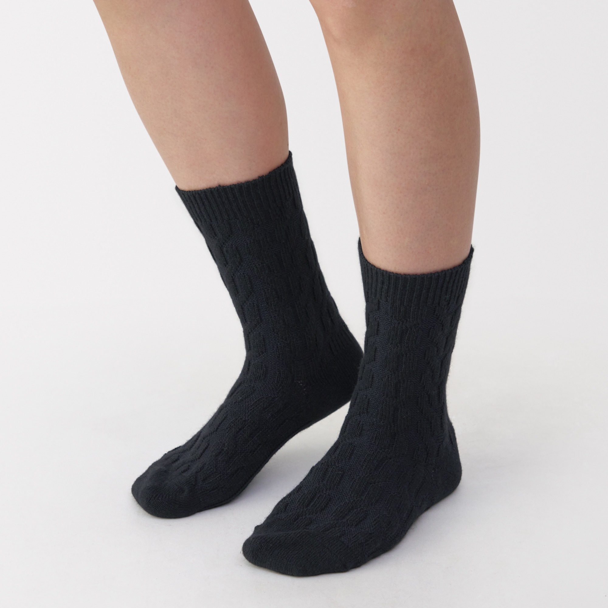 婦人　足なり直角　履き口やわらか　ウール混　ケーブル柄靴下