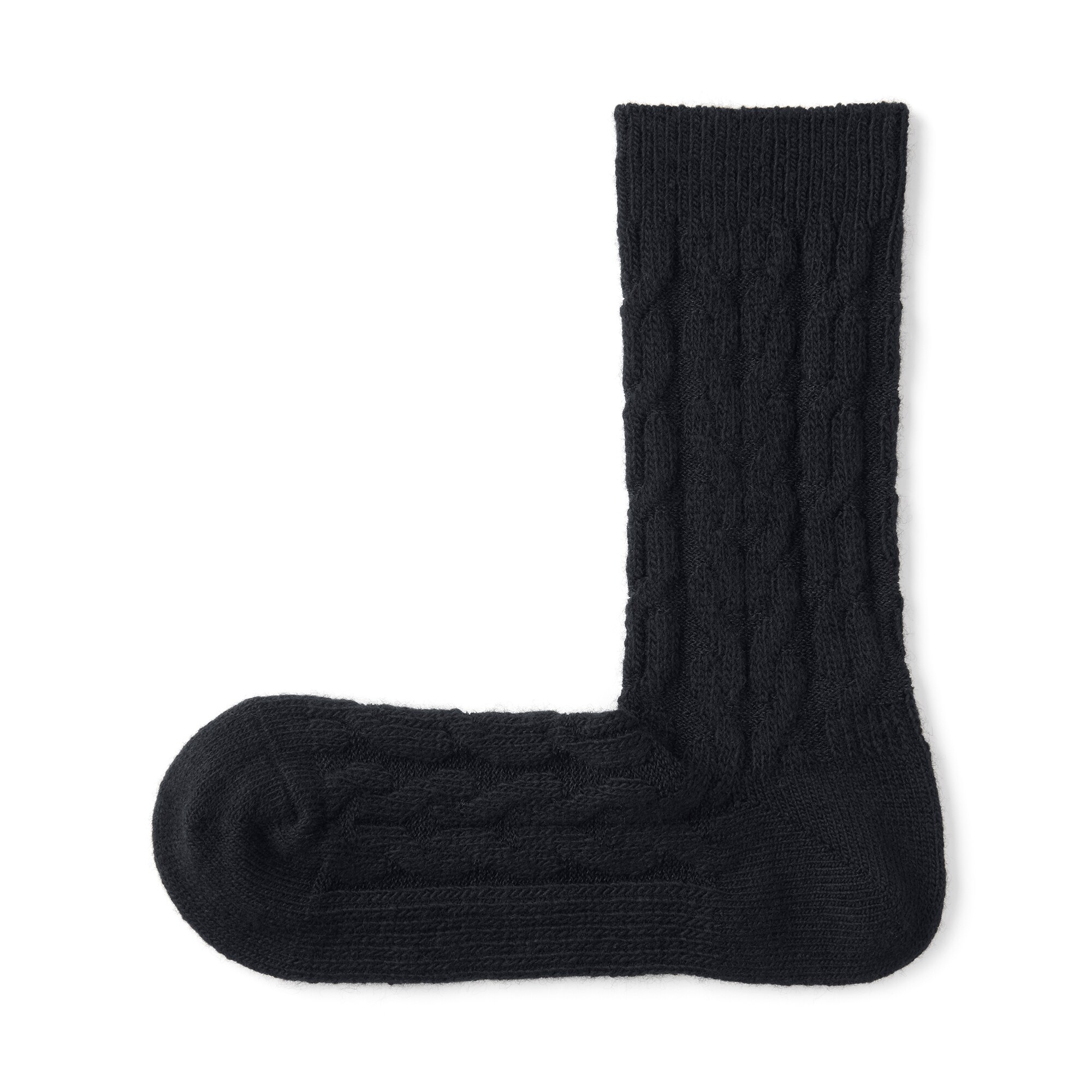 婦人　足なり直角　履き口やわらか　ウール混　ケーブル柄靴下