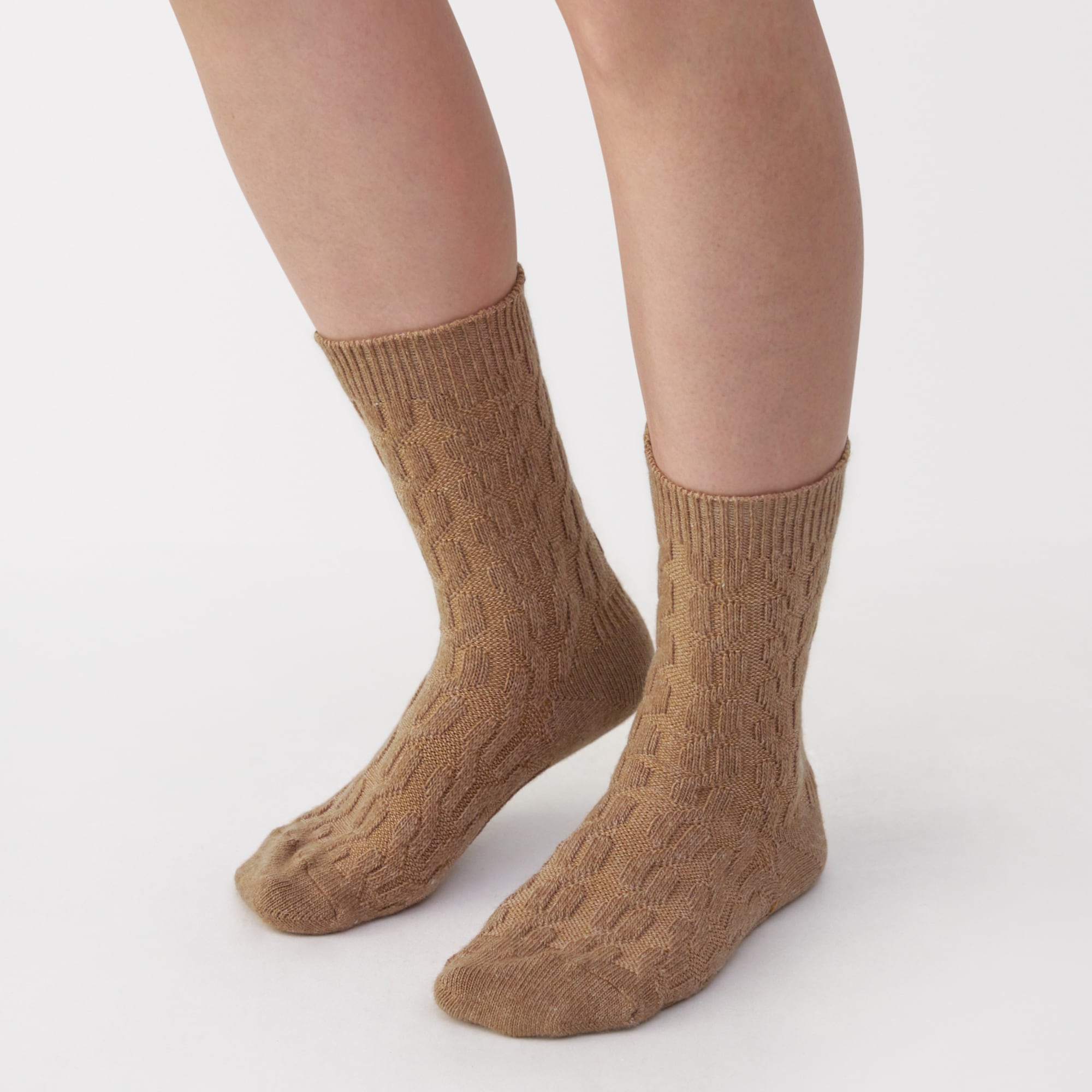 婦人　足なり直角　履き口やわらか　ウール混　ケーブル柄靴下