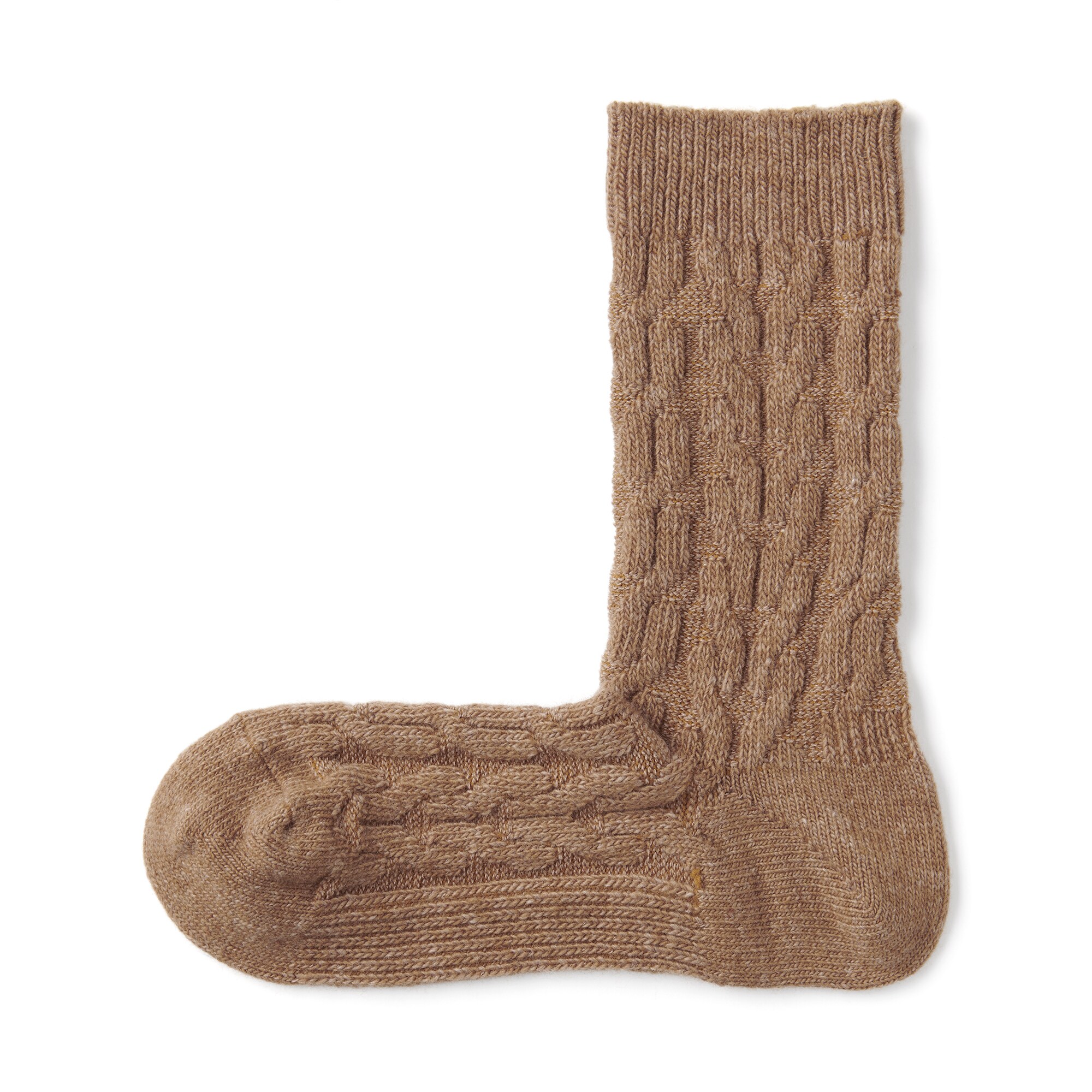 婦人　足なり直角　履き口やわらか　ウール混　ケーブル柄靴下
