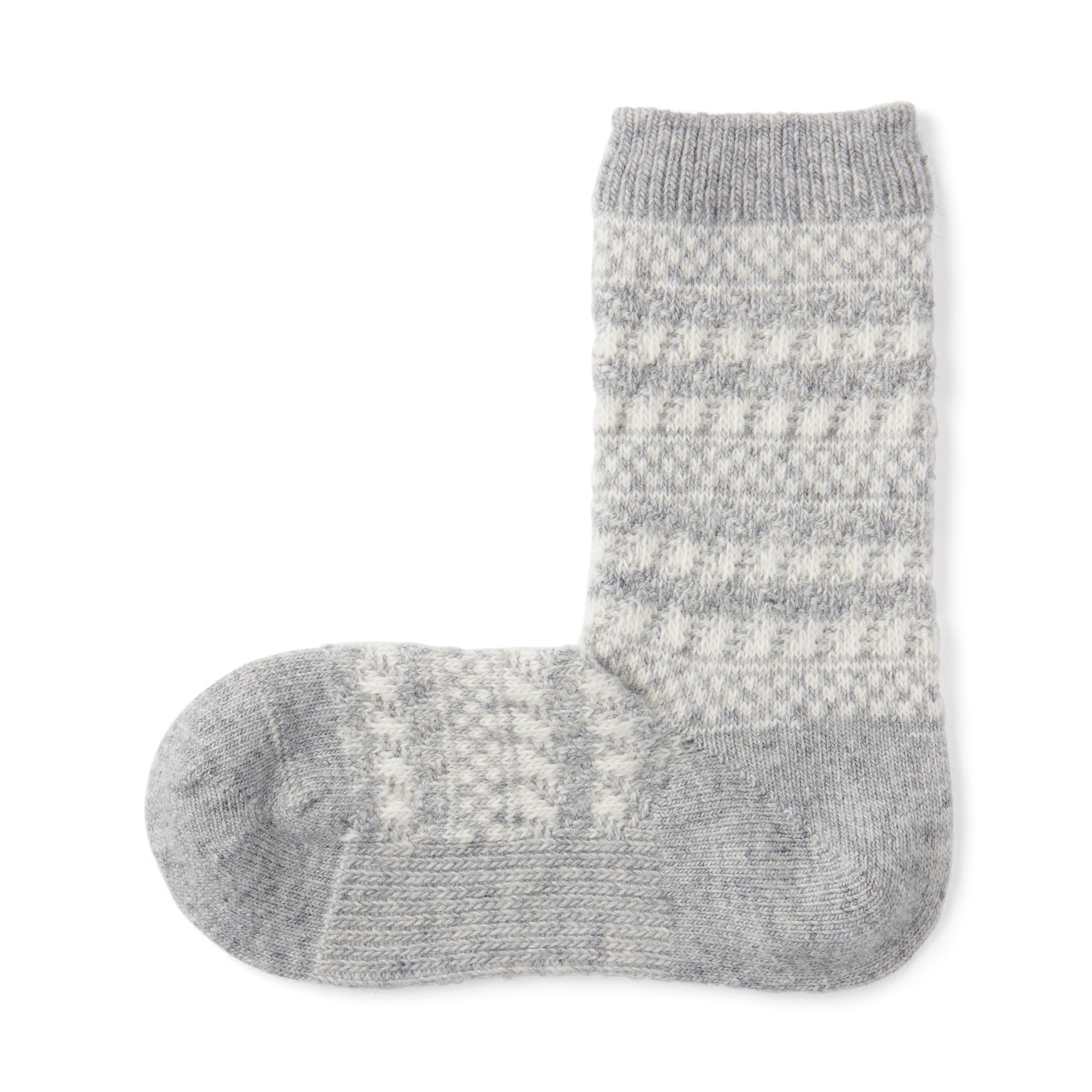 婦人　足なり直角　履き口やわらか　ウール混　ジャカード柄靴下