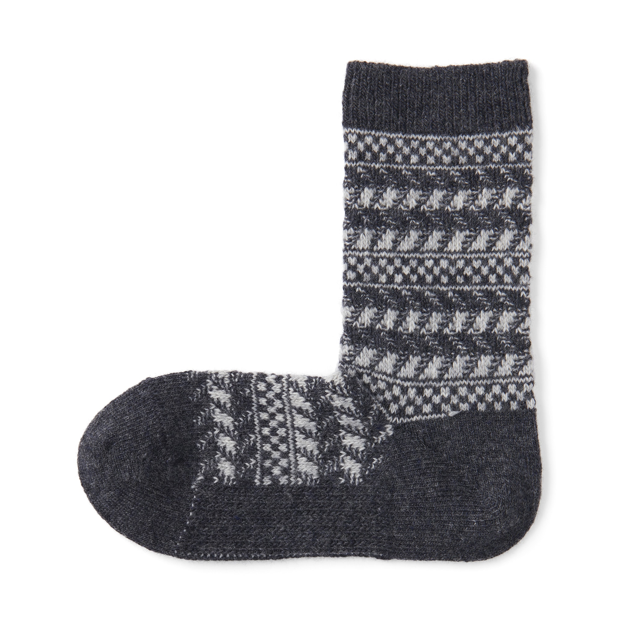 婦人　足なり直角　履き口やわらか　ウール混　ジャカード柄靴下