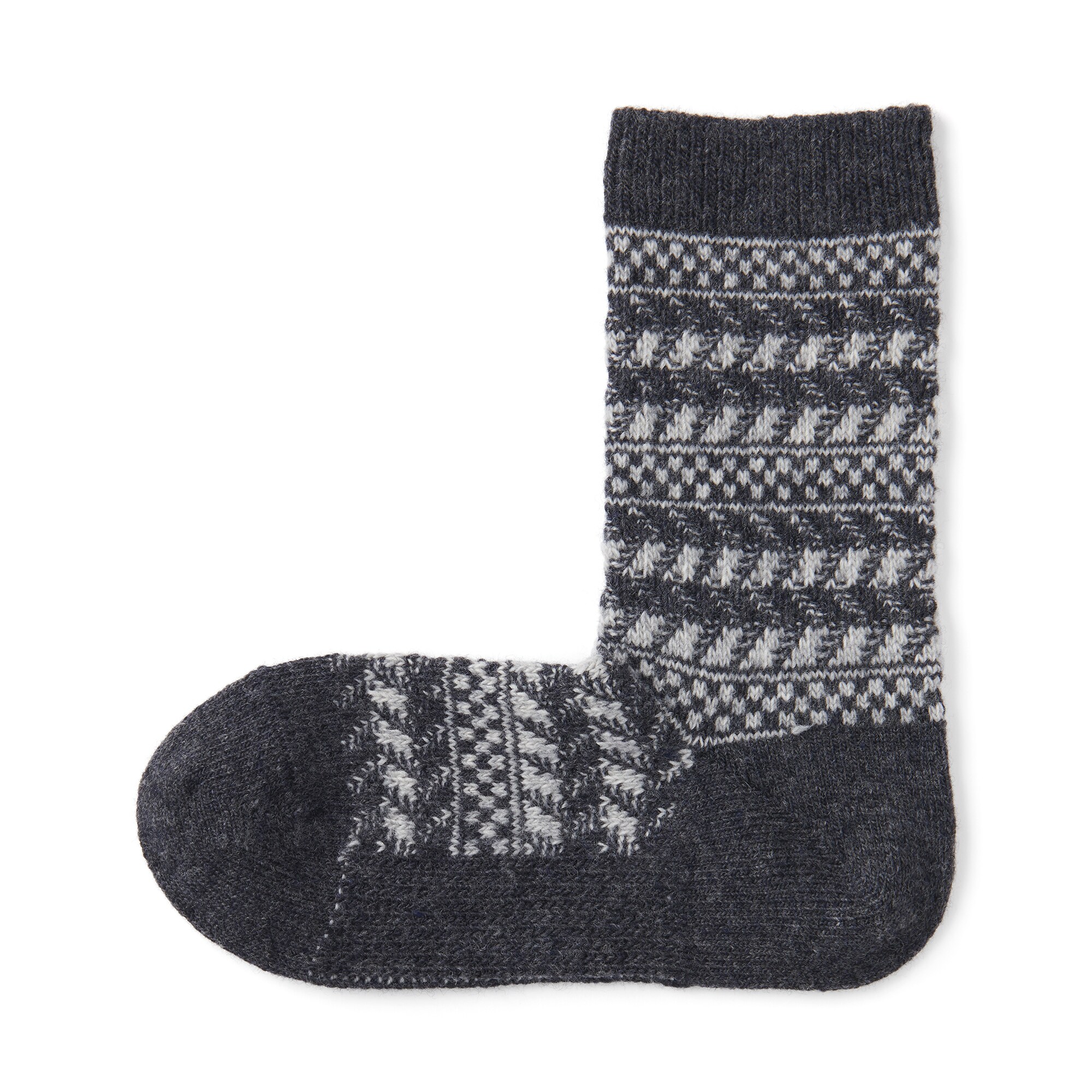 婦人　足なり直角　履き口やわらか　ウール混　ジャカード柄靴下