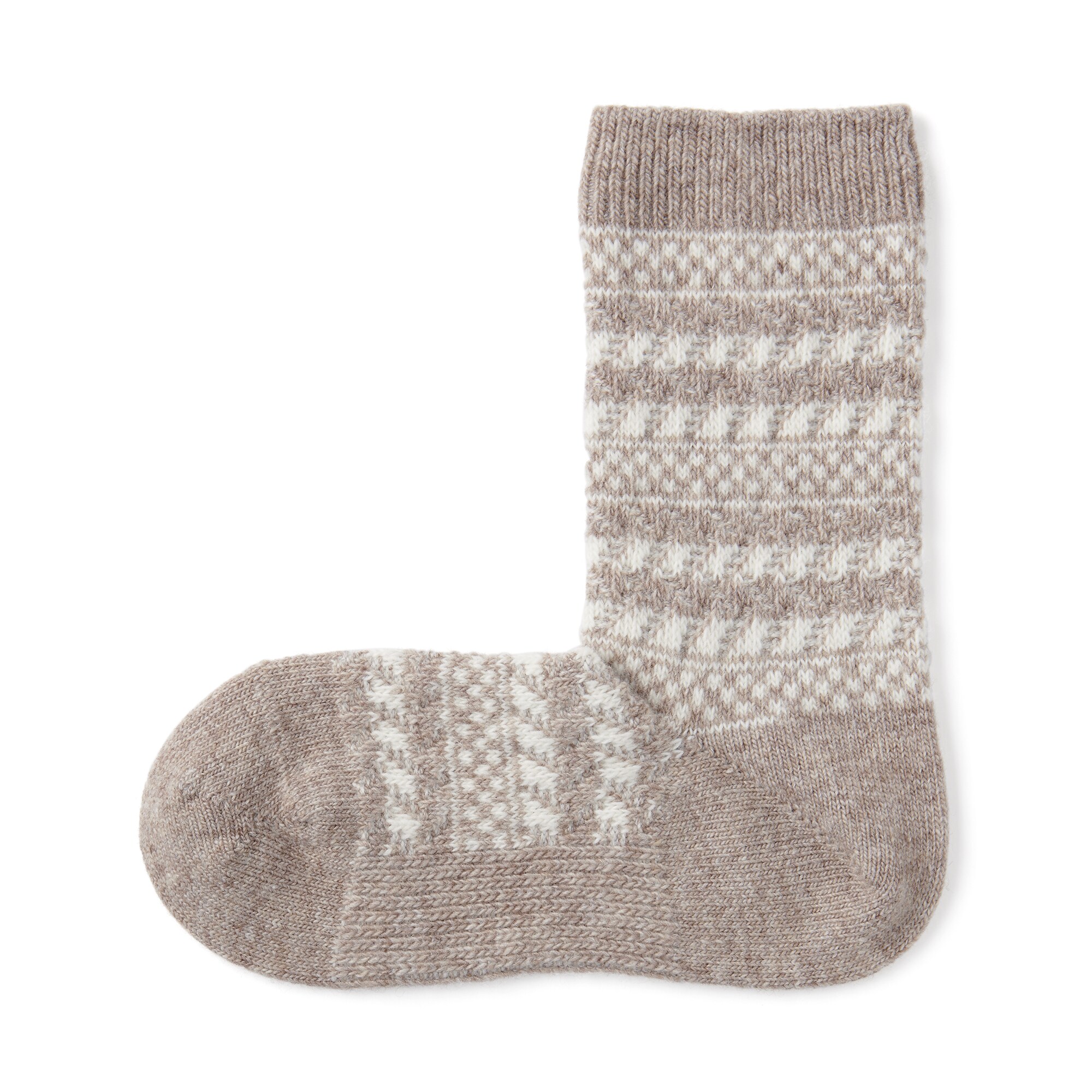 婦人　足なり直角　履き口やわらか　ウール混　ジャカード柄靴下