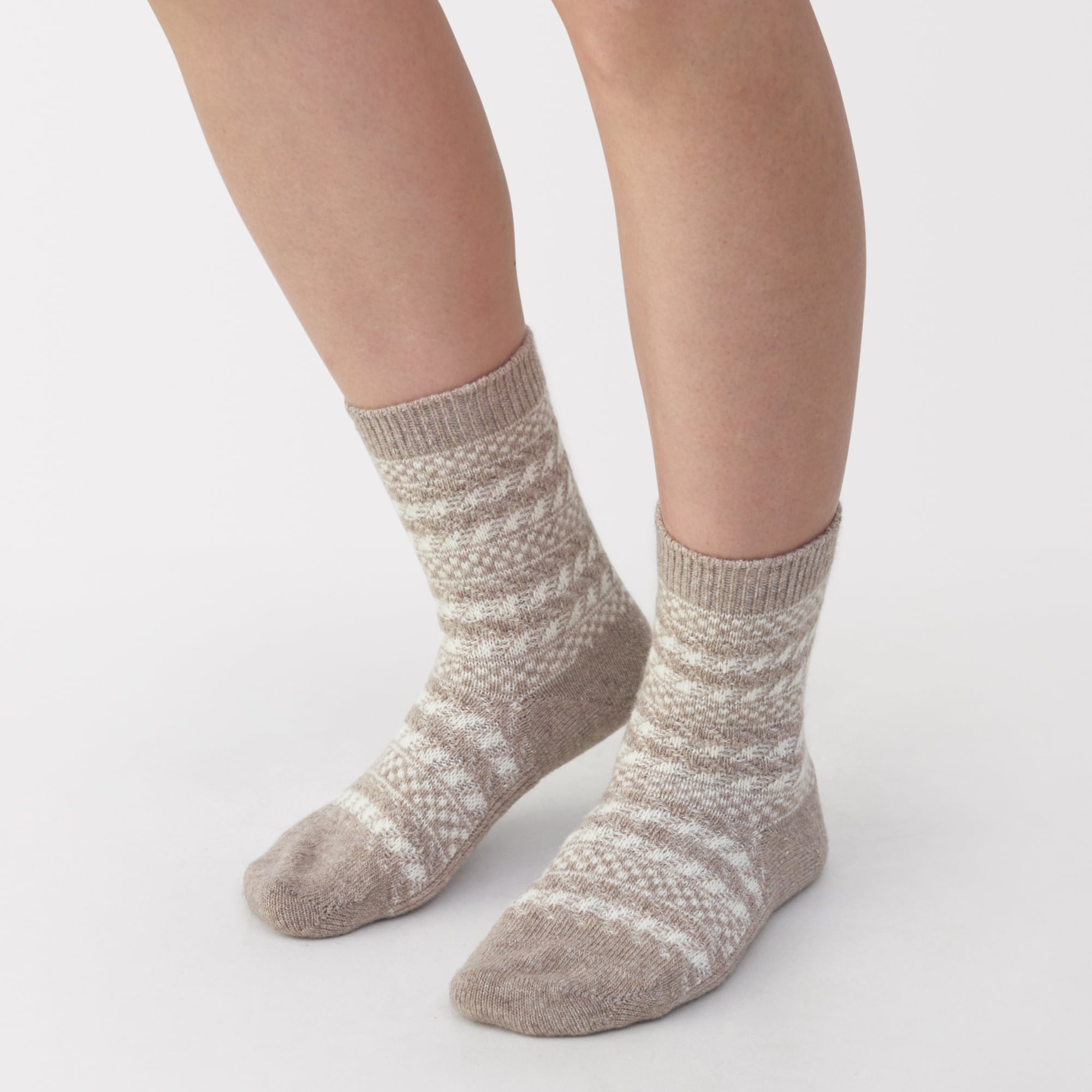 婦人　足なり直角　履き口やわらか　ウール混　ジャカード柄靴下