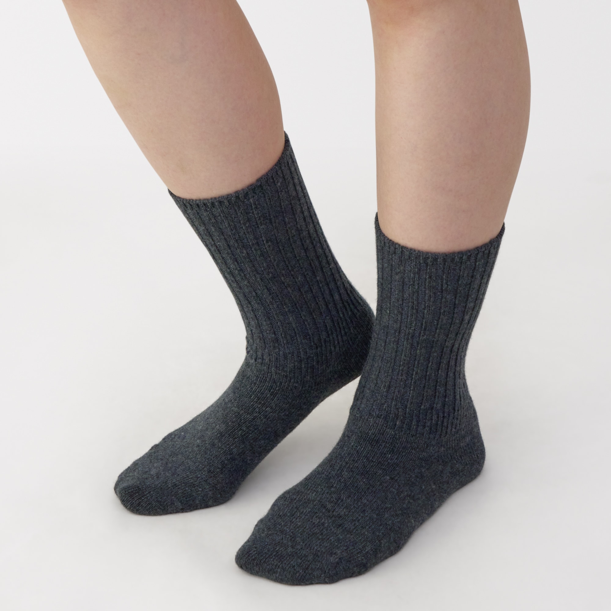 婦人　足なり直角　履き口やわらか　ウール混　ワイドリブ編み靴下