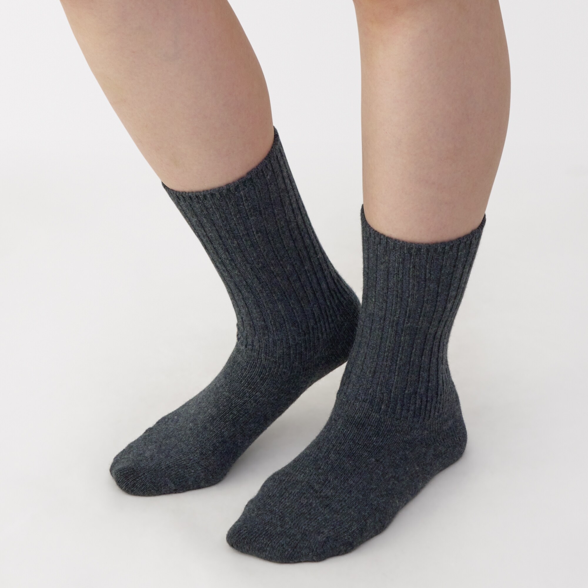 婦人　足なり直角　履き口やわらか　ウール混　ワイドリブ編み靴下