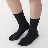 婦人　足なり直角　履き口やわらか　ウール混　ワイドリブ編み靴下