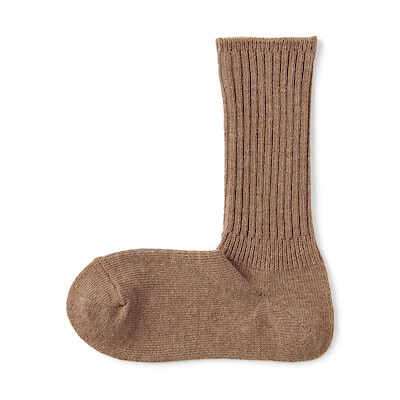 婦人　足なり直角　履き口やわらか　ウール混　ワイドリブ編み靴下