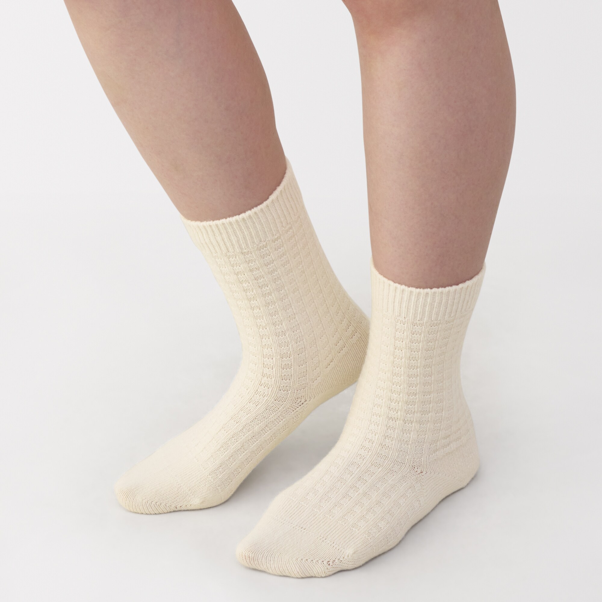 婦人　足なり直角　履き口やわらか　ウール混　ワッフル柄編み靴下