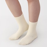 婦人　足なり直角　履き口やわらか　ウール混　ワッフル柄編み靴下