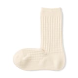 婦人　足なり直角　履き口やわらか　ウール混　ワッフル柄編み靴下