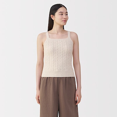 婦人　コットン混もこもこキャミソール　ケーブル柄