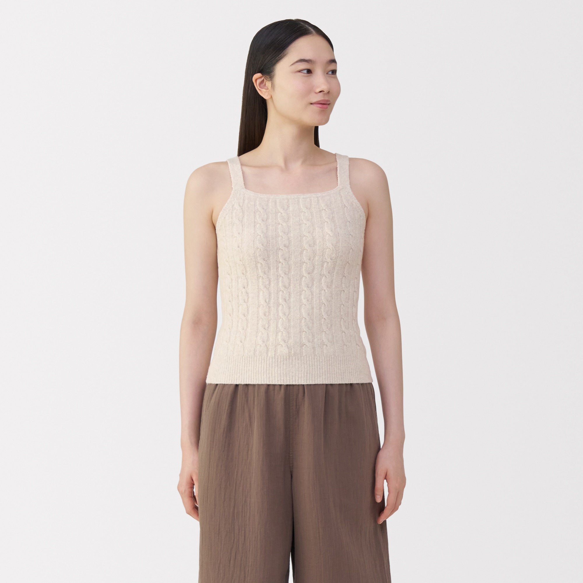 婦人　コットン混もこもこキャミソール　ケーブル柄