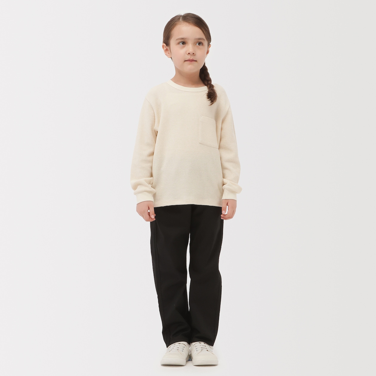 キッズ　ワッフル編みクルーネック長袖Ｔシャツ