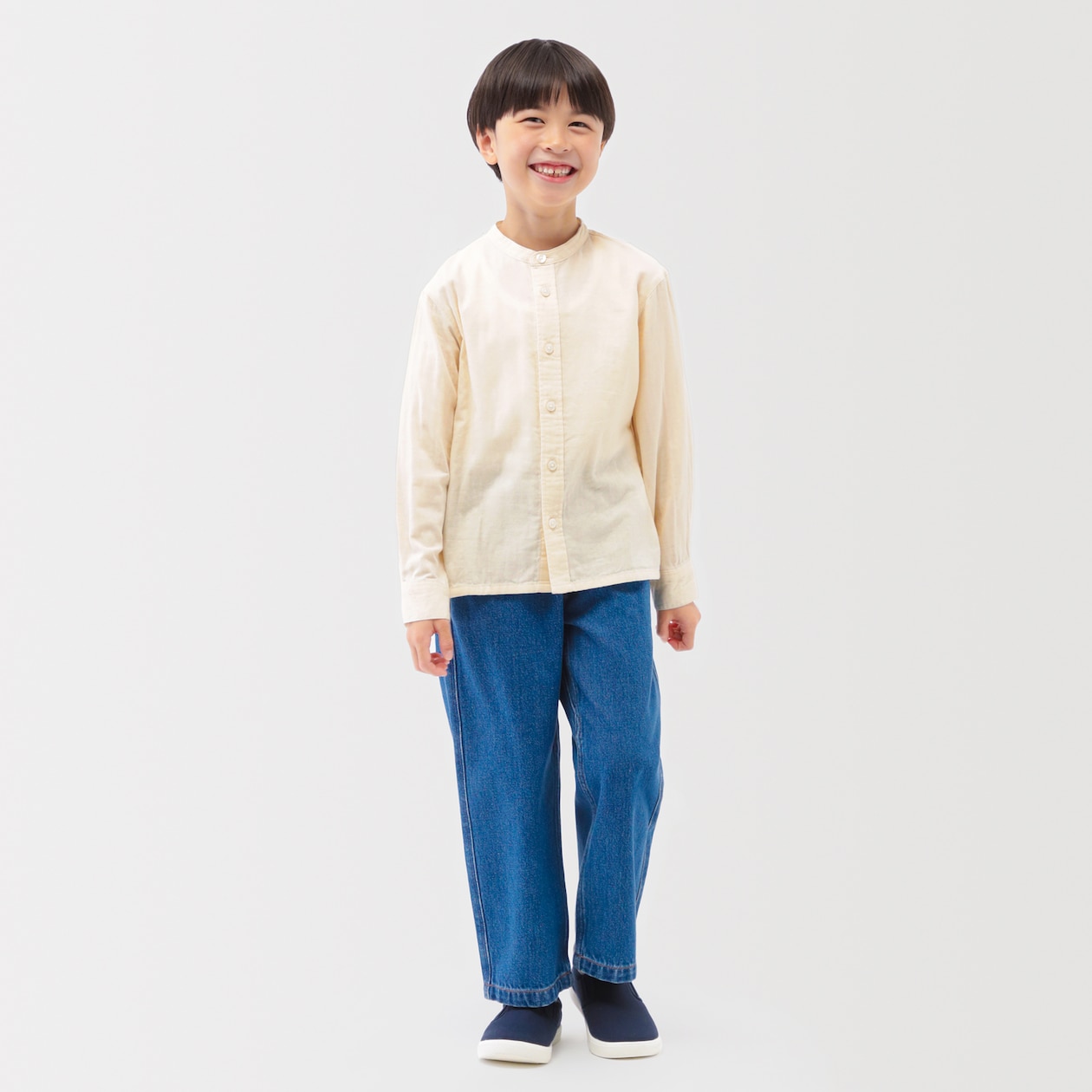 キッズ　二重ガーゼスタンドカラー長袖シャツ