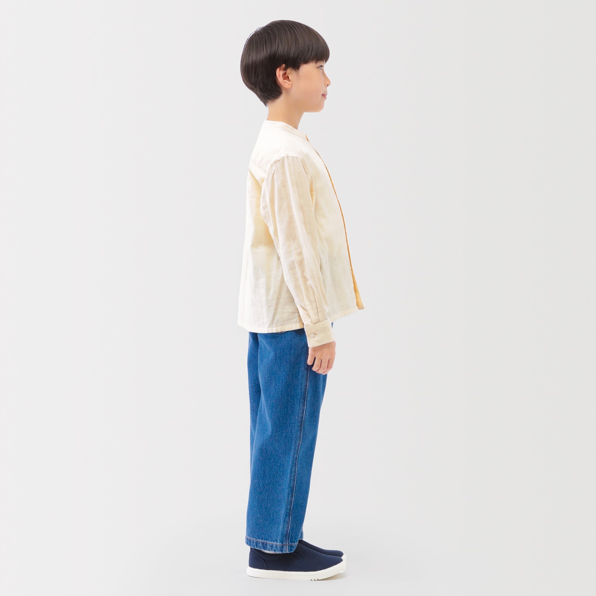 キッズ　二重ガーゼスタンドカラー長袖シャツ
