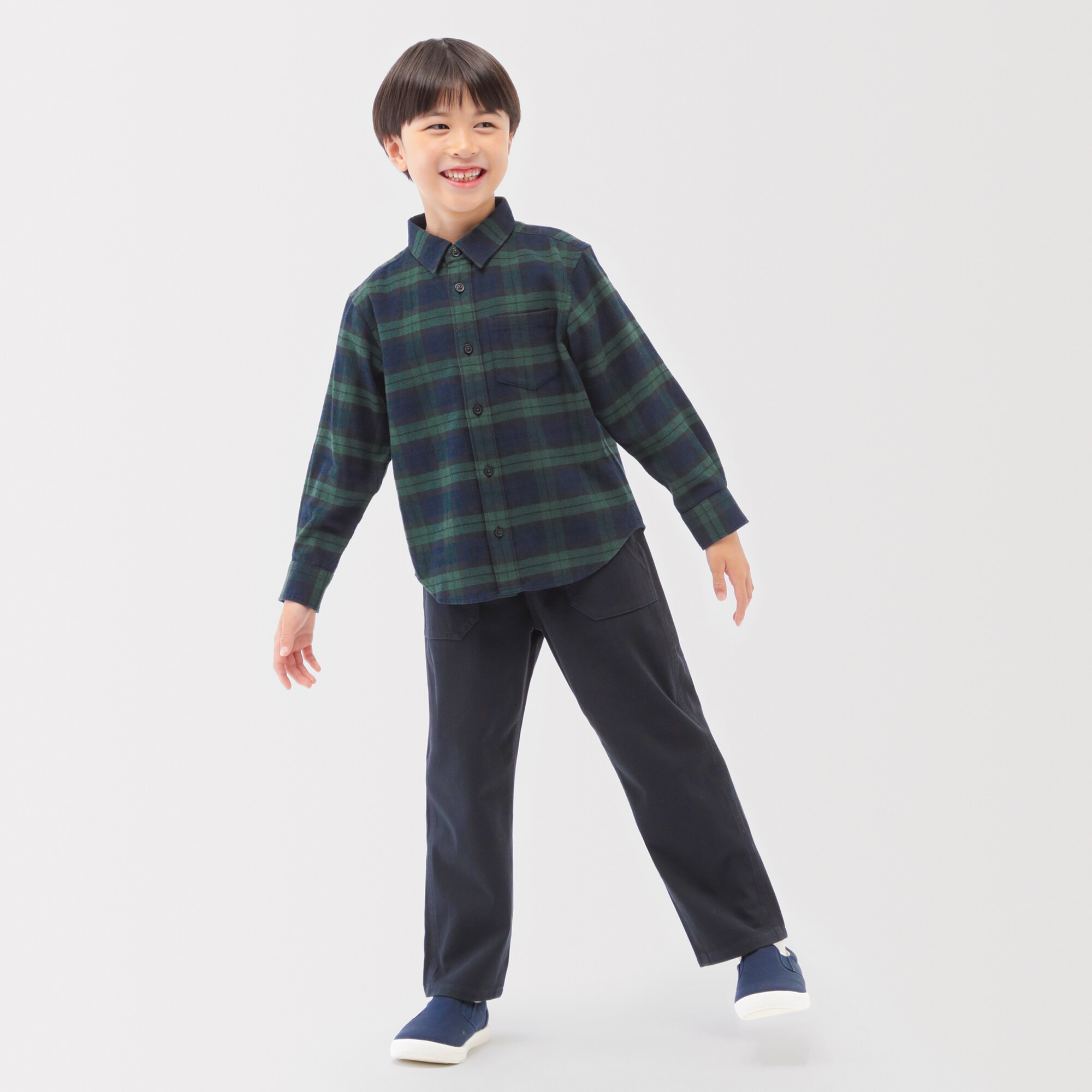 キッズ　両面起毛フランネルレギュラーカラー長袖シャツ