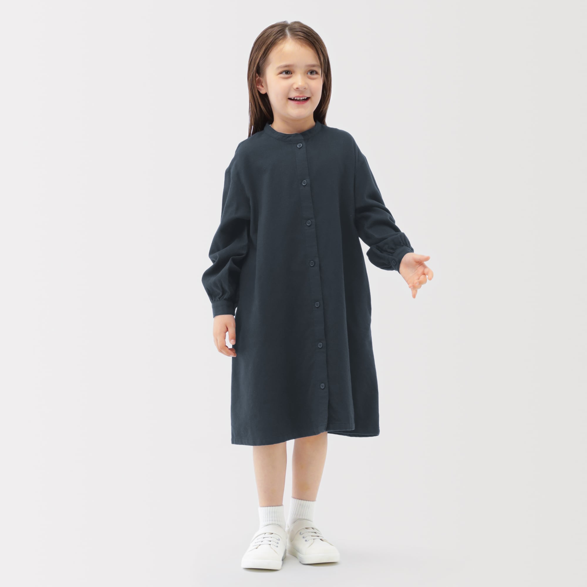 キッズ　両面起毛フランネルスタンドカラー長袖ワンピース