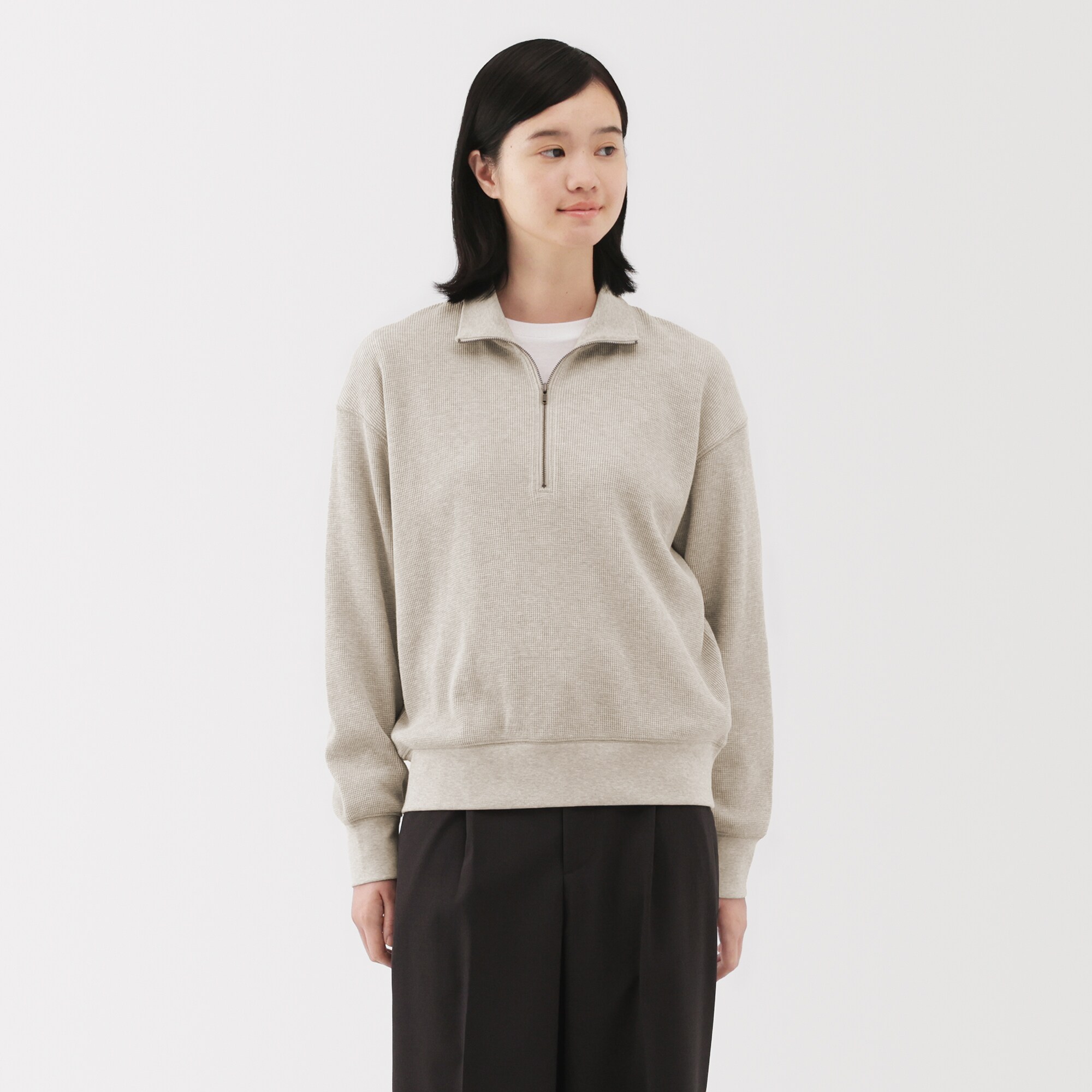 婦人　ワッフル編みハーフジッププルオーバー
