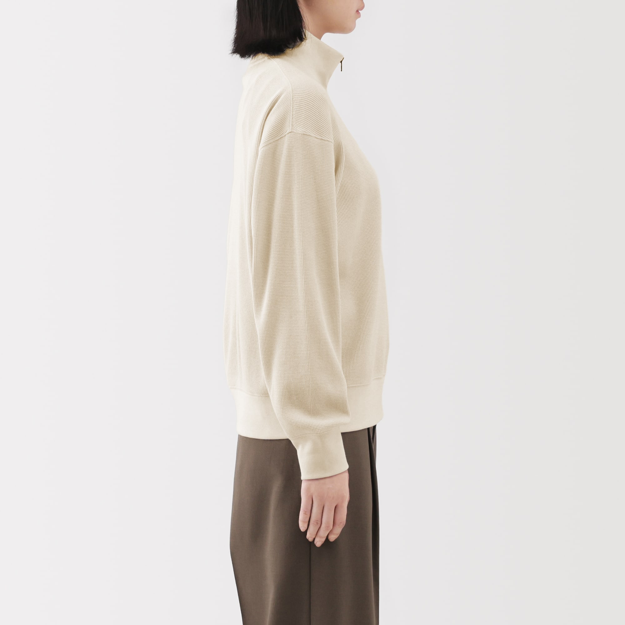 婦人　ワッフル編みハーフジッププルオーバー