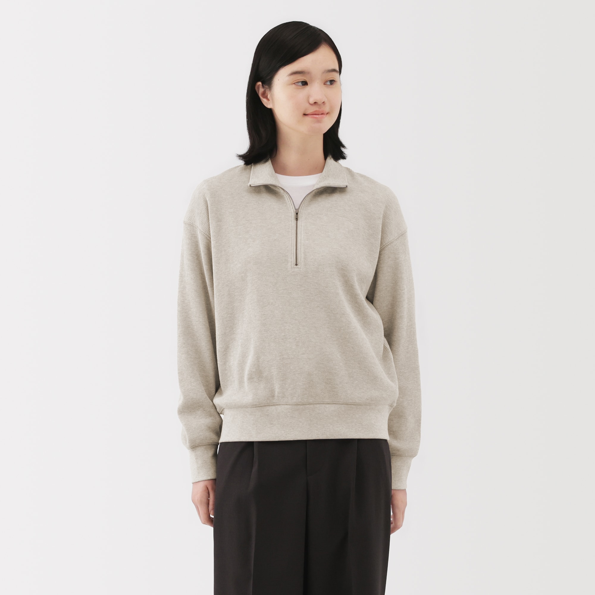 婦人　ワッフル編みハーフジッププルオーバー