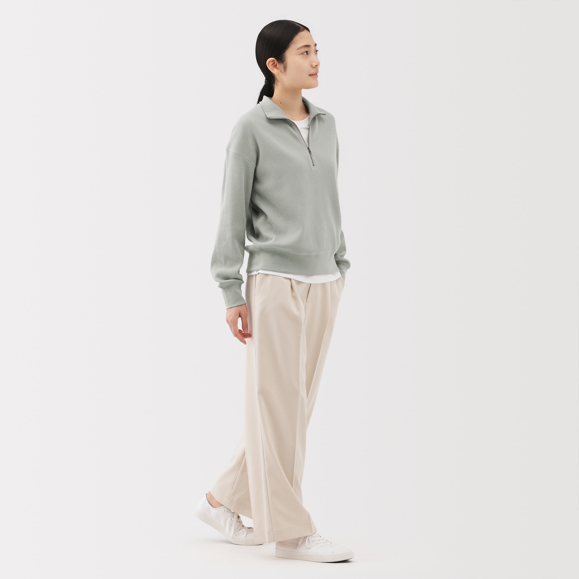 婦人　ワッフル編みハーフジッププルオーバー