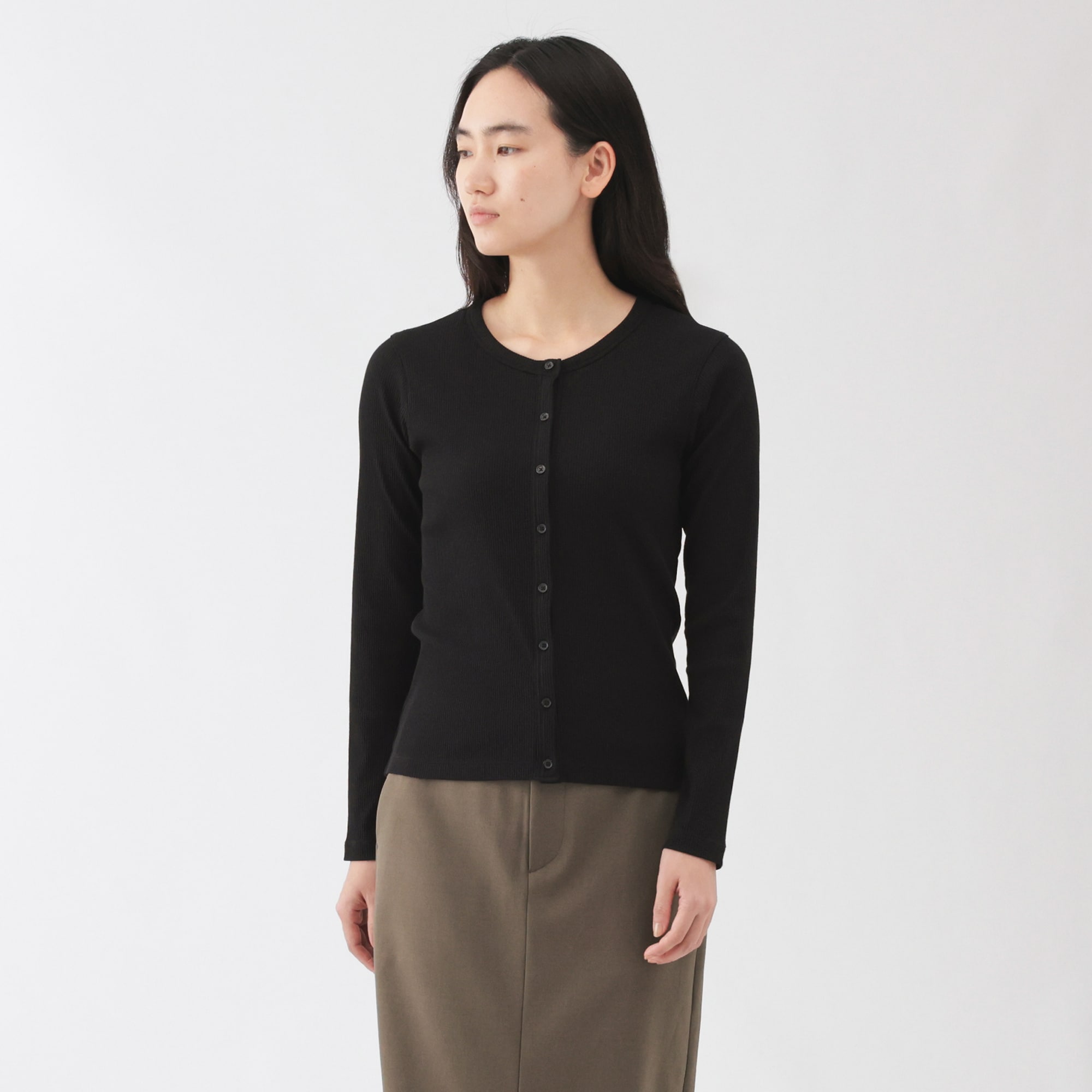 婦人 なめらかリブ編みクルーネック長袖カーディガン | 無印良品